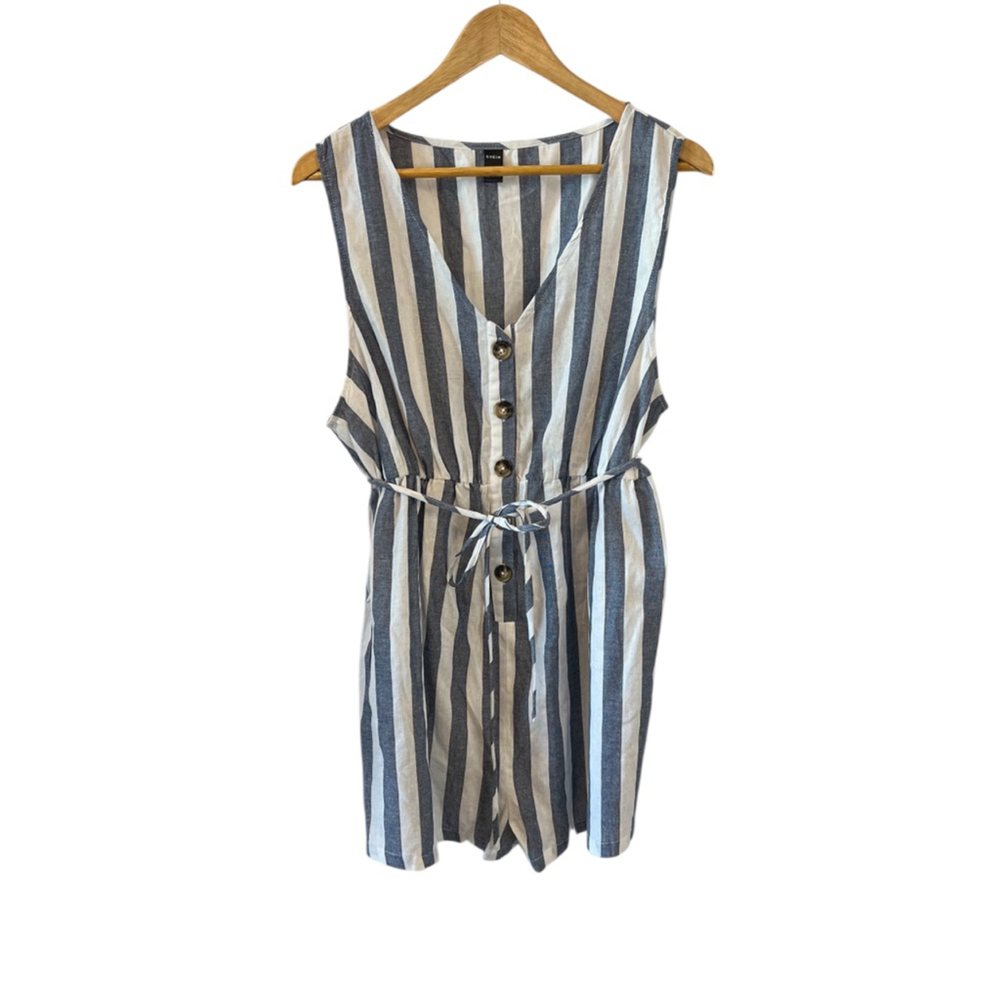 SHEIN Blue & White Stripe Button Up Lightweight Sleeveless Romper XXL